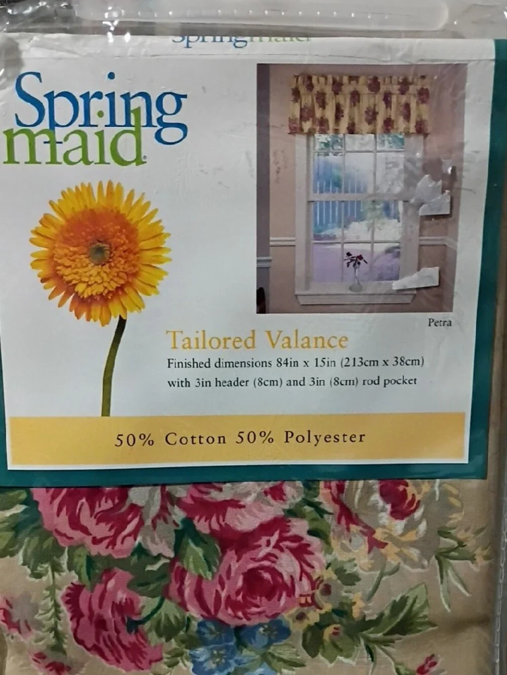 Springmaid Beige Floral Tailored Valance with Pink & Blue Roses